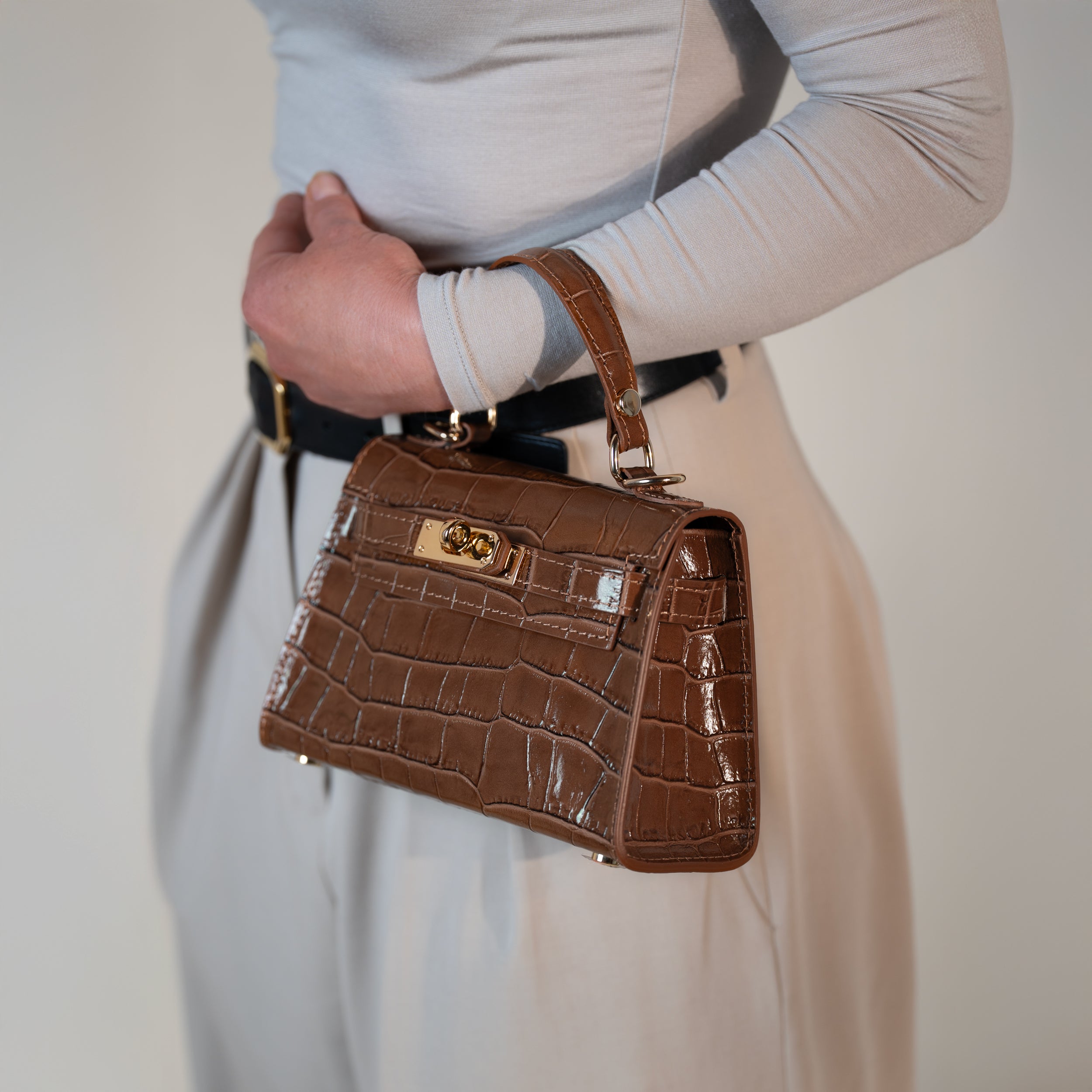 Sac top handle en cuir effet croco camel - Rose