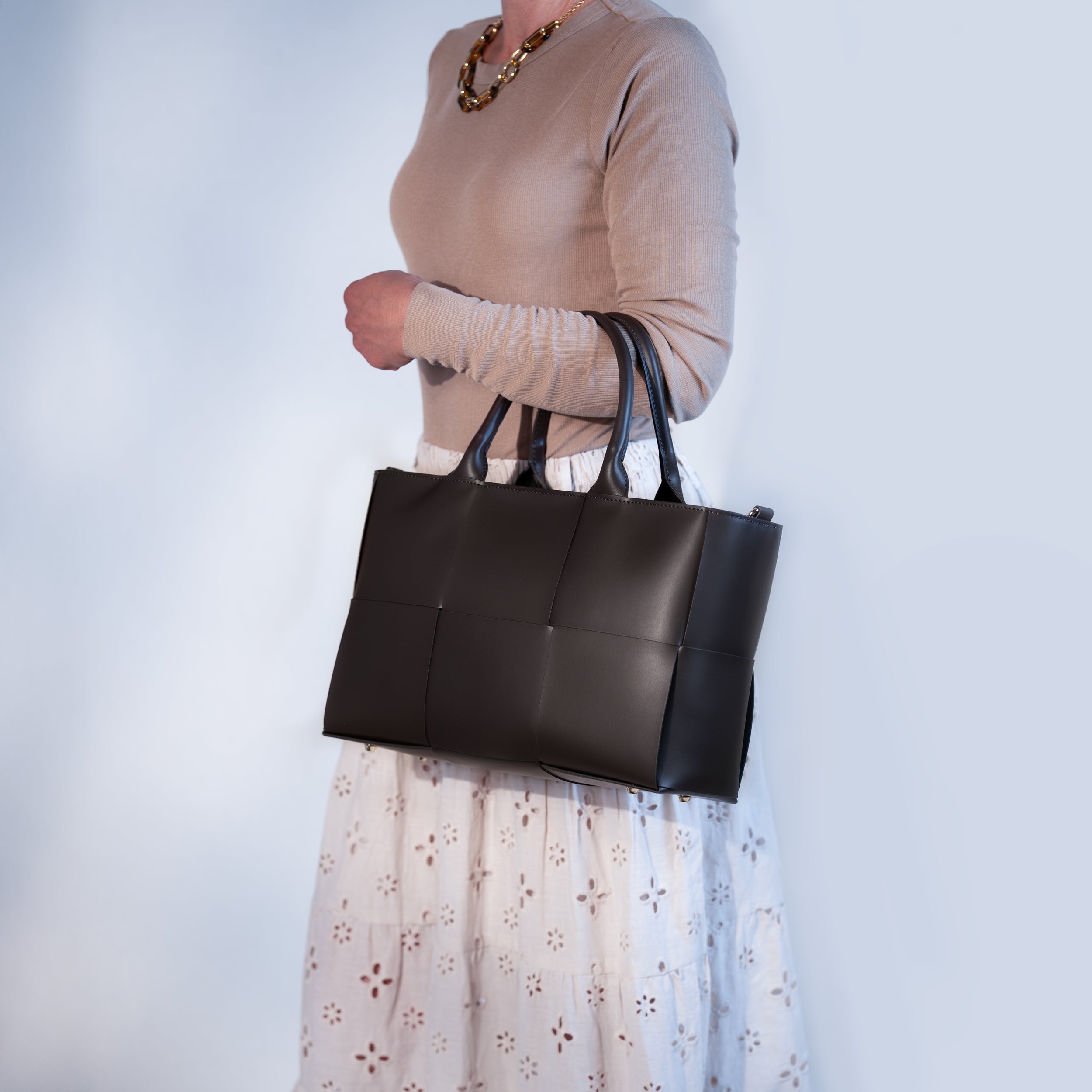 Sac cabas en cuir lisse marron - Santal