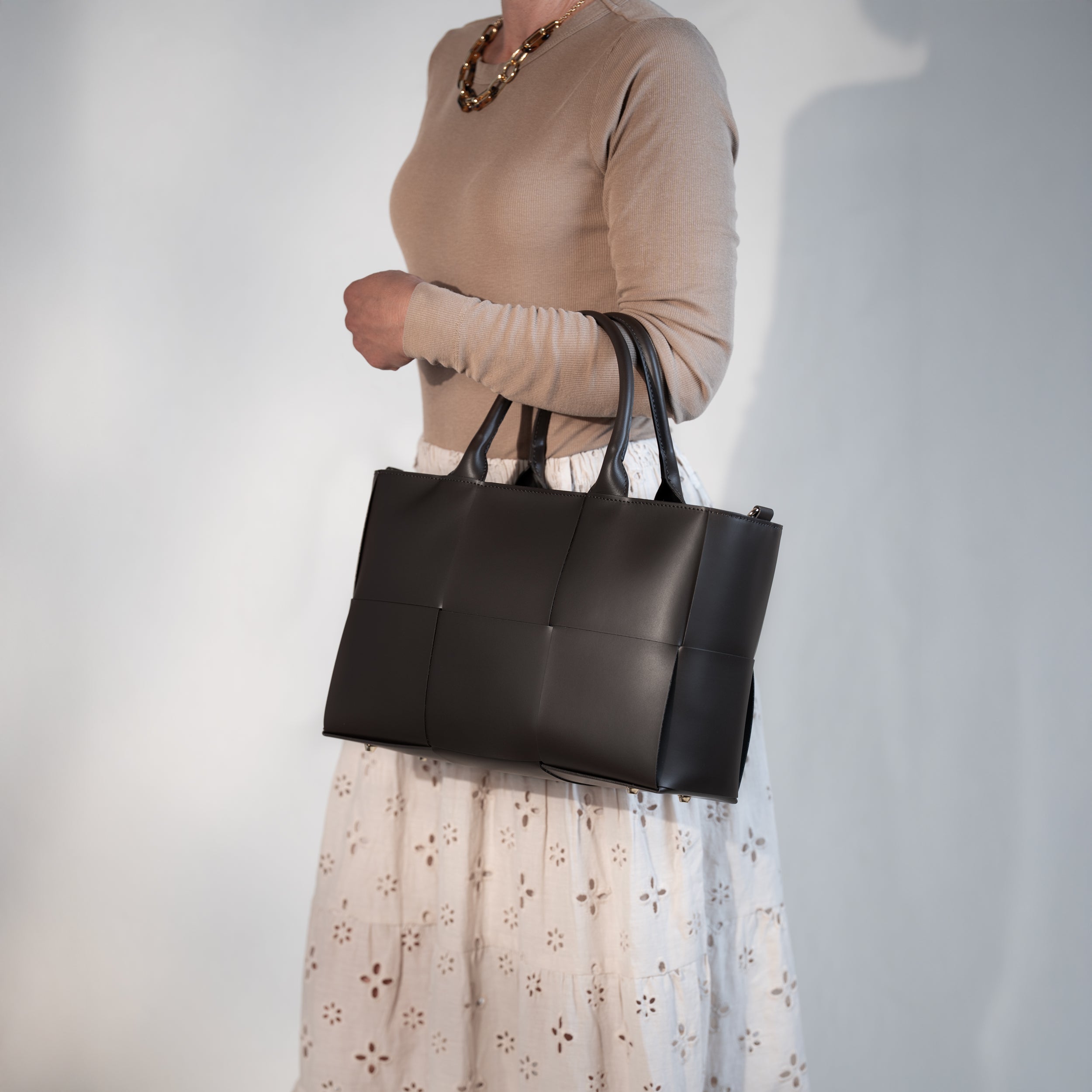 Sac cabas en cuir lisse marron - Santal
