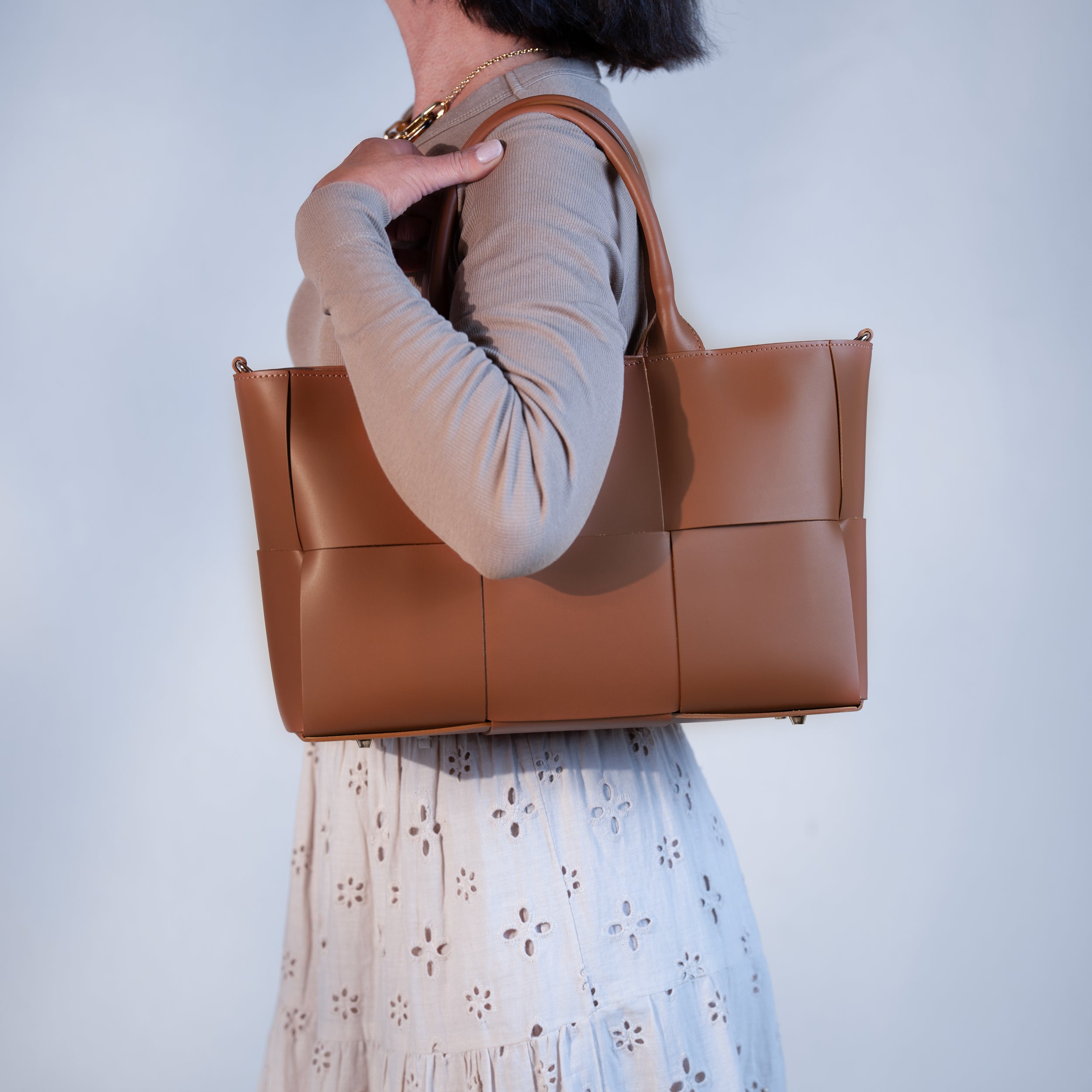 Sac cabas en cuir lisse camel - Santal