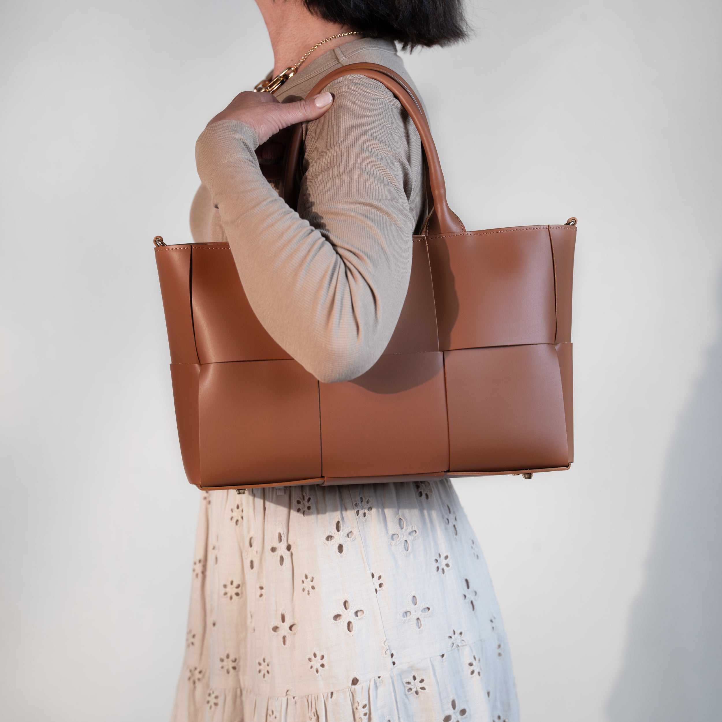 Sac cabas en cuir lisse camel - Santal