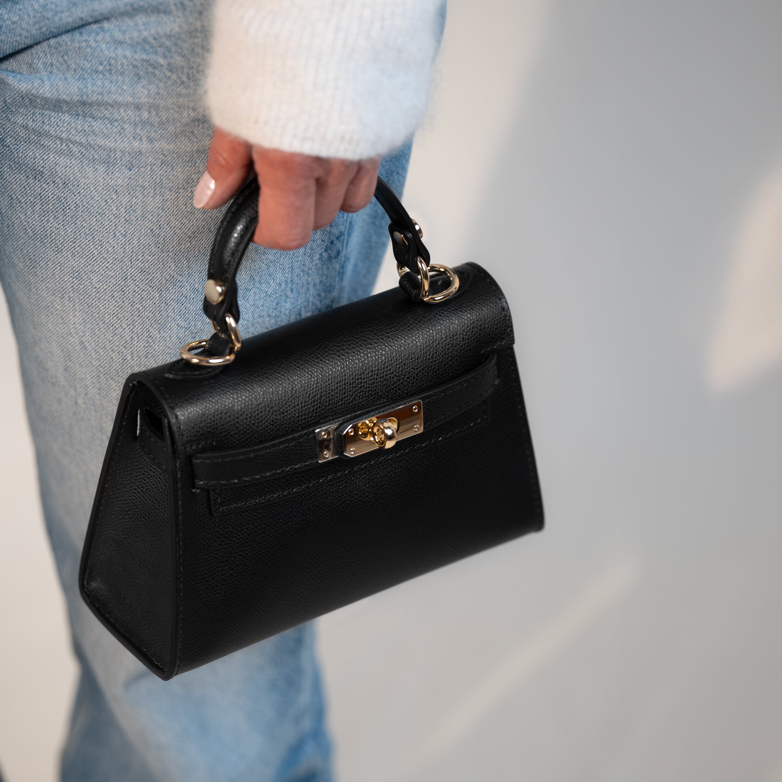 Sac top handle en cuir saffiano noir - Rose