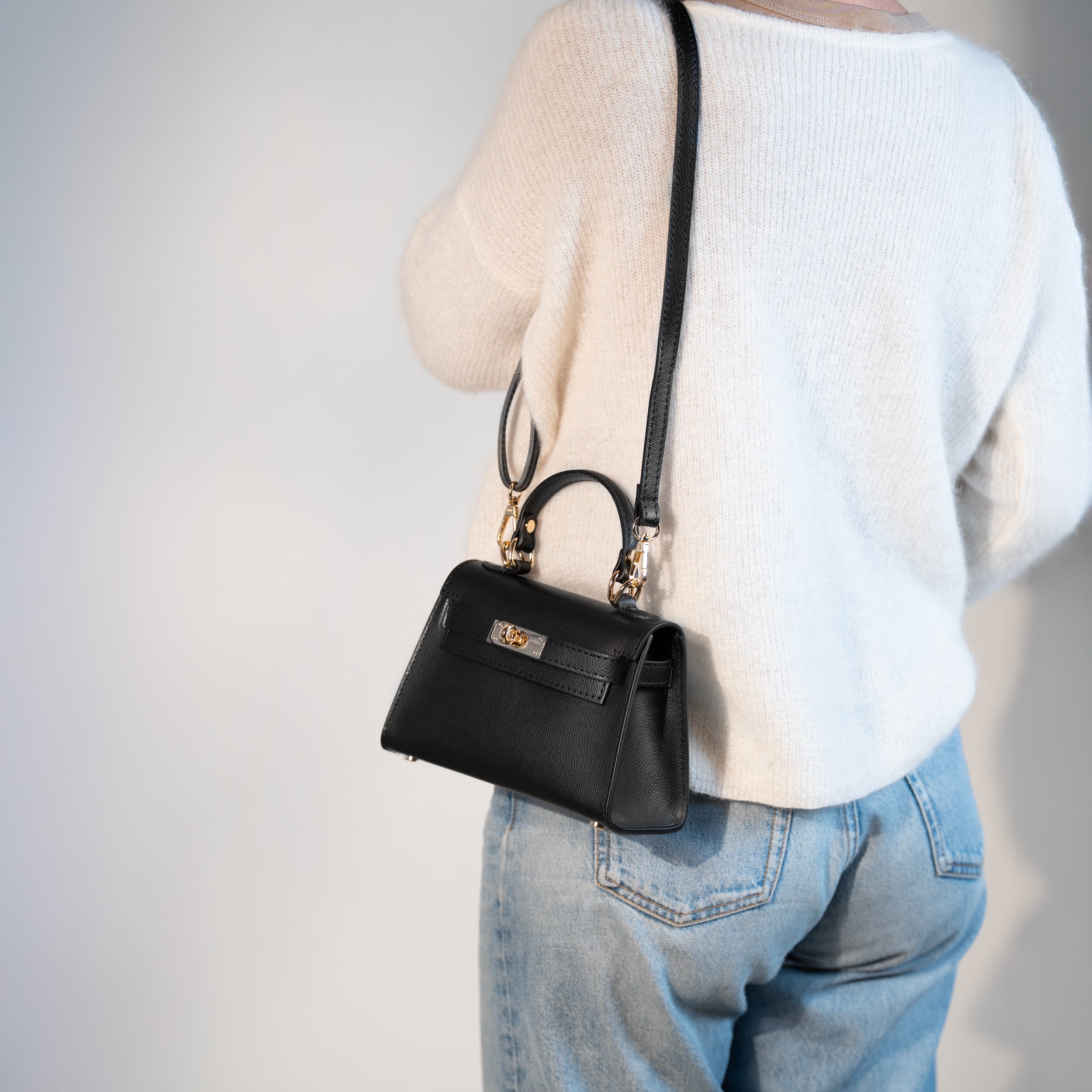 Sac top handle en cuir saffiano noir - Rose