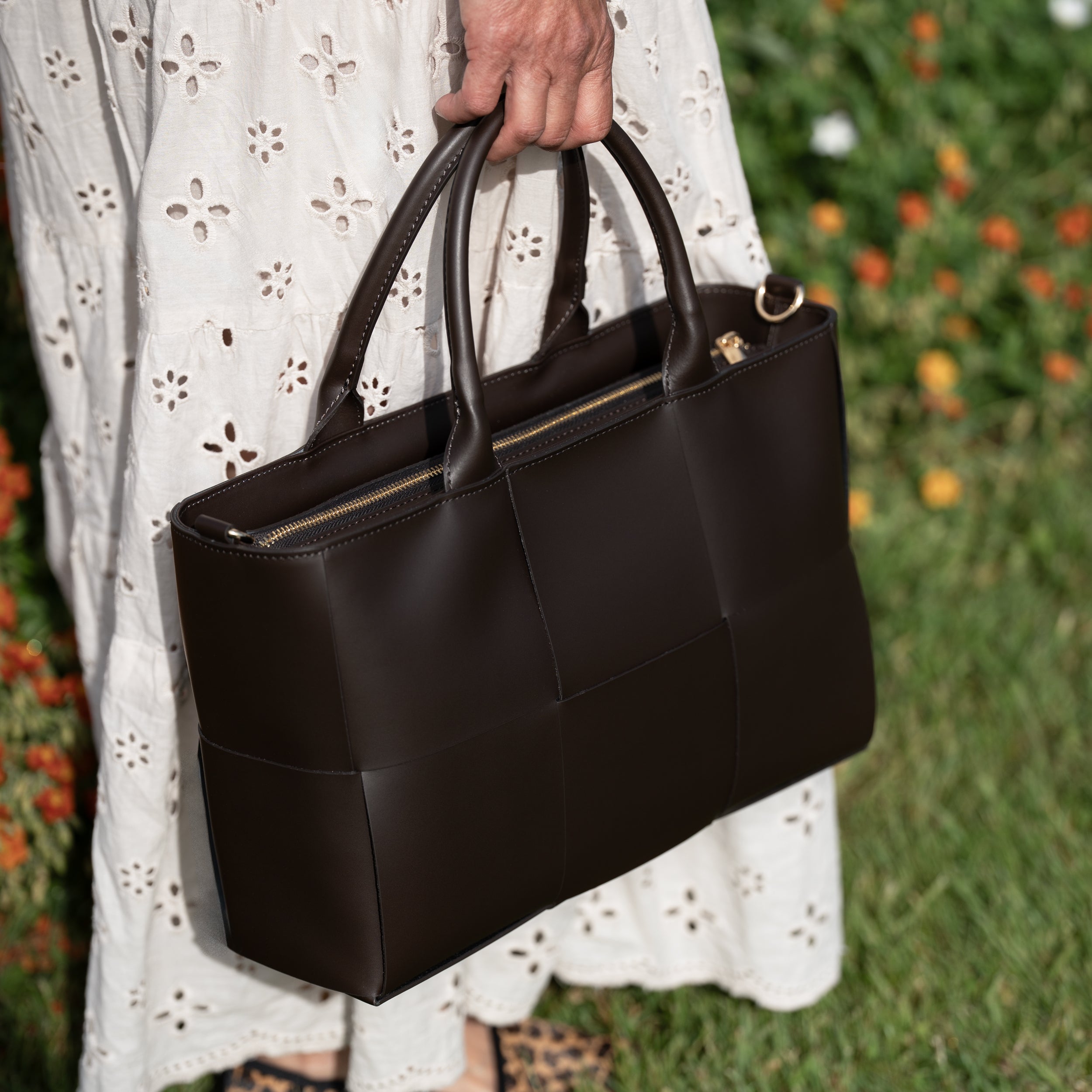 Sac cabas en cuir lisse marron - Santal
