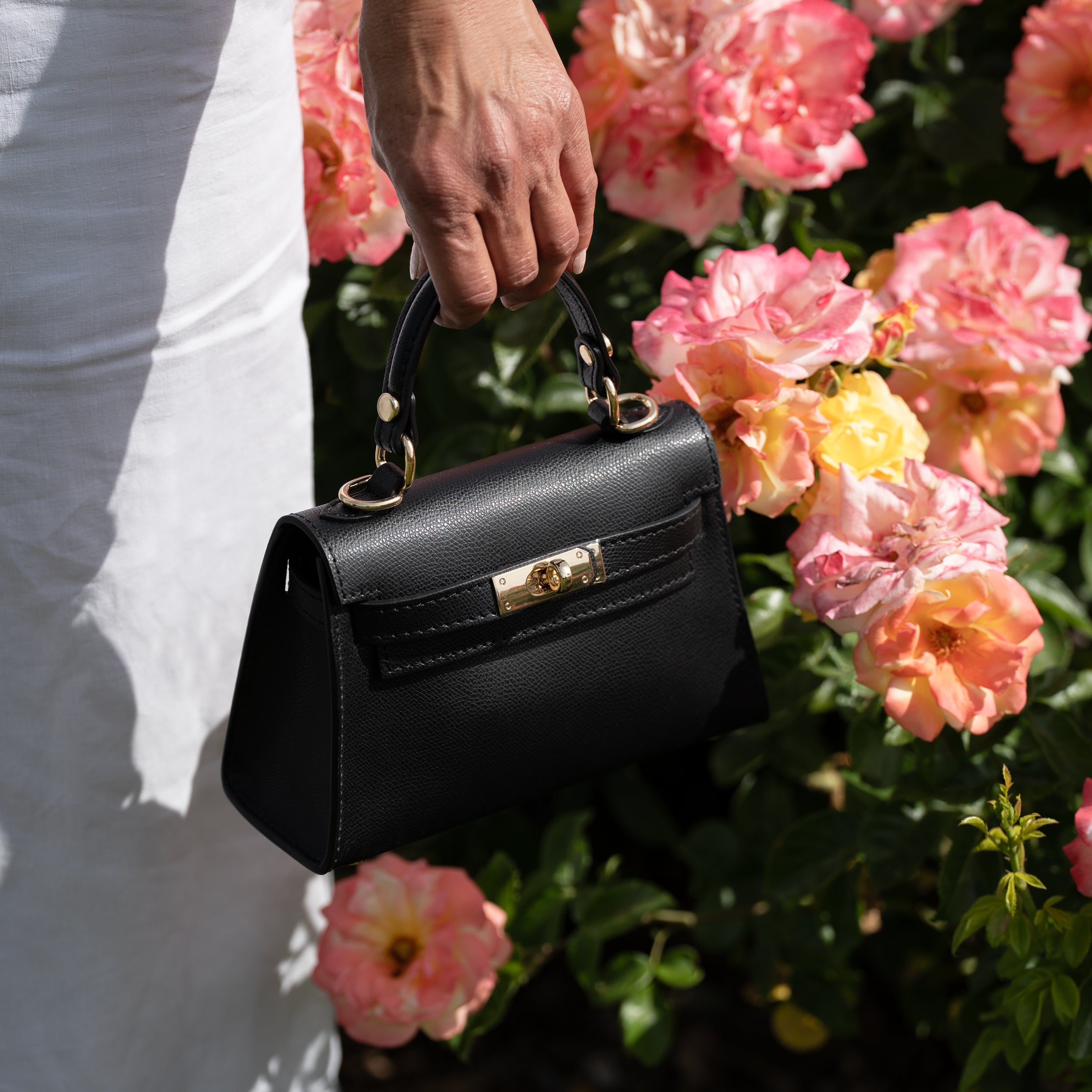 Sac top handle en cuir saffiano noir - Rose