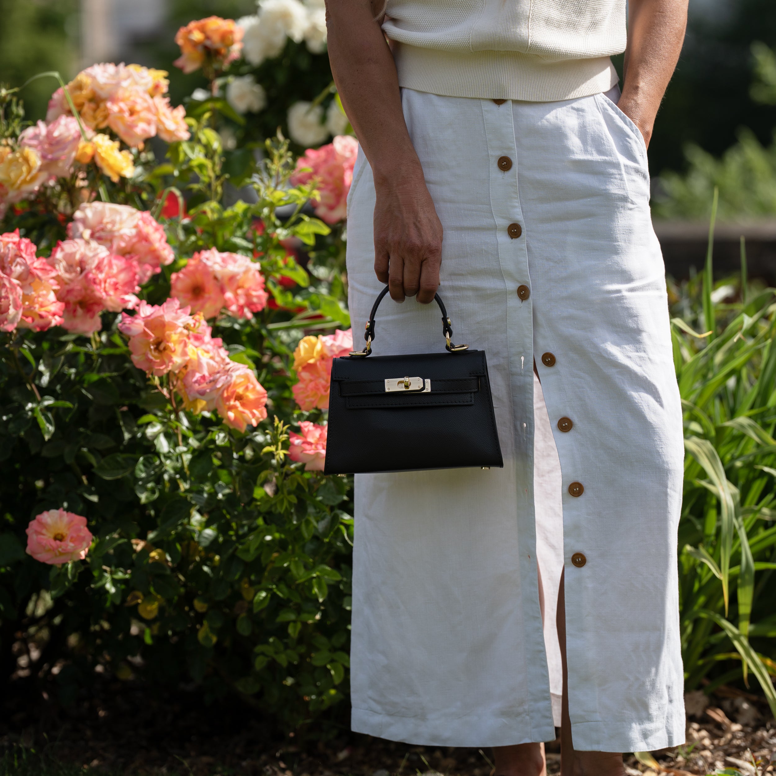 Sac top handle en cuir saffiano noir - Rose