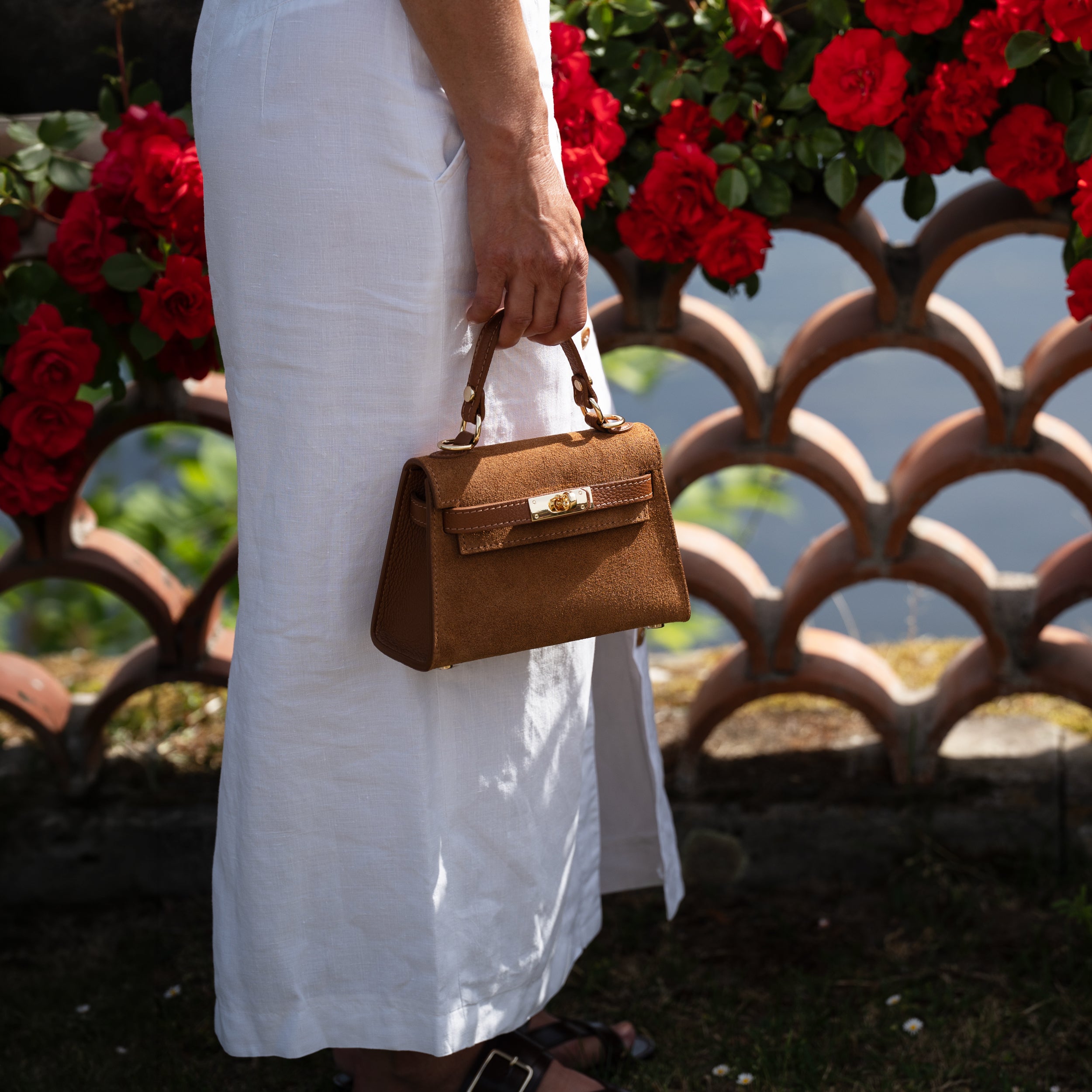 Sac top handle en daim camel - Rose