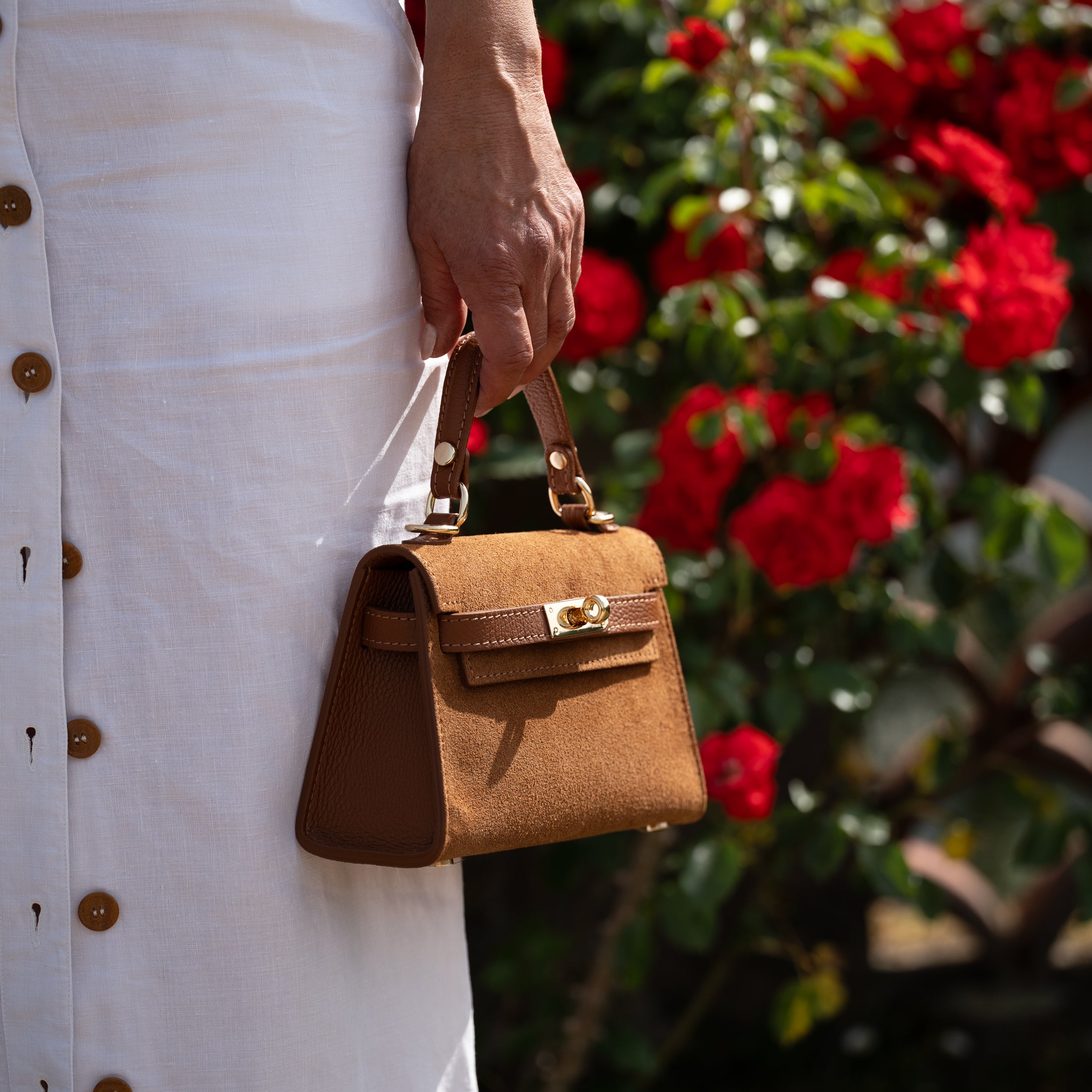 Sac top handle en daim camel - Rose