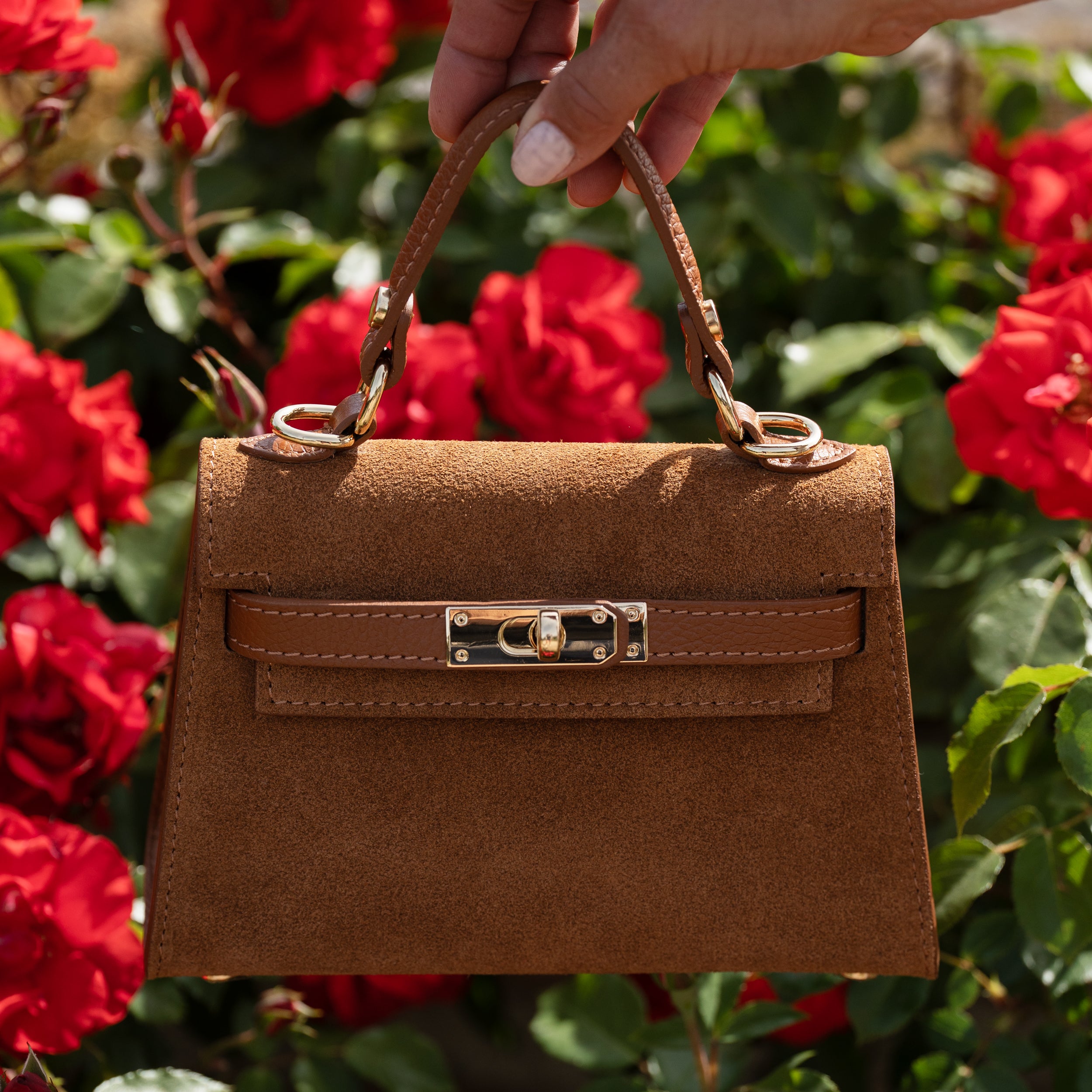Sac top handle en daim camel - Rose