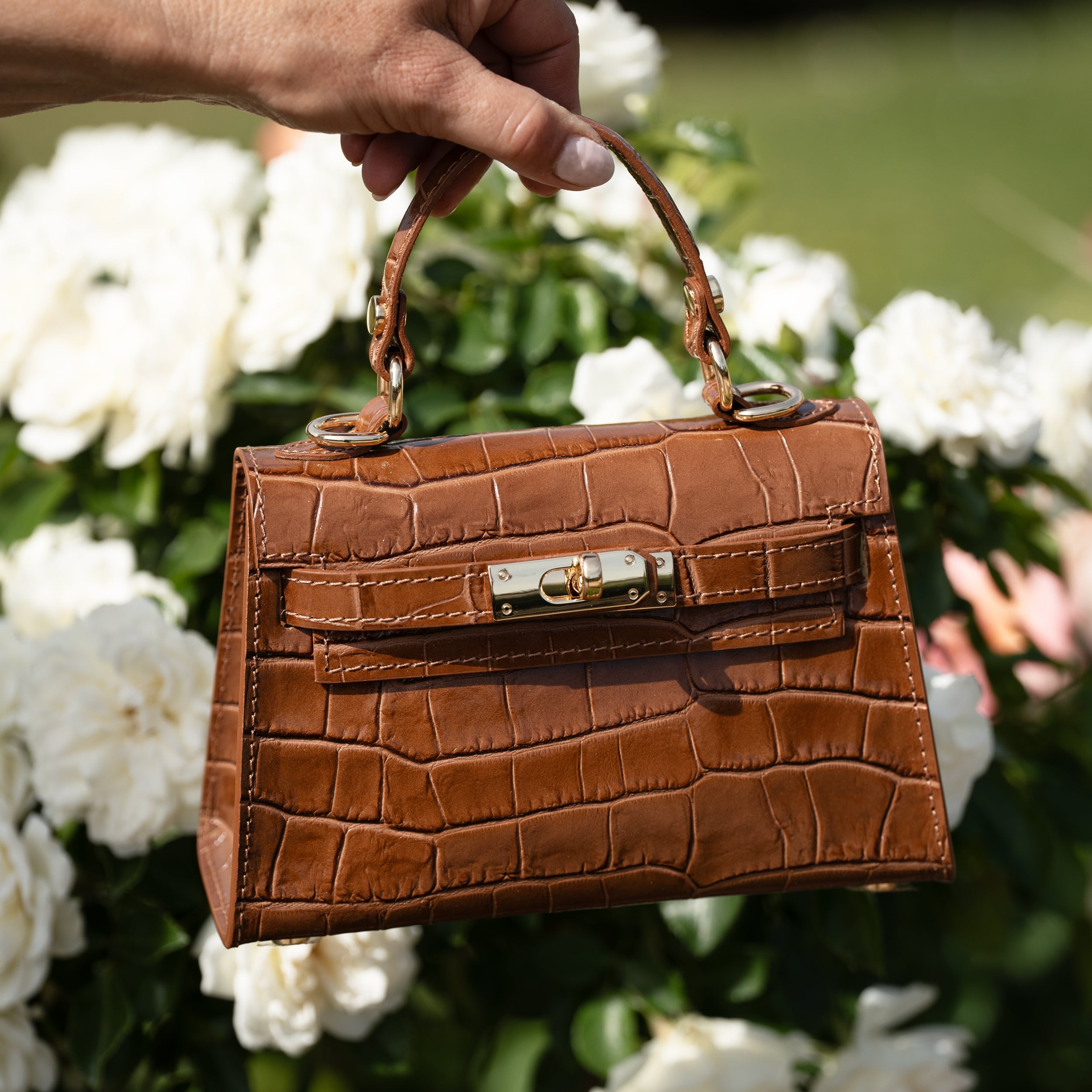 Sac top handle en cuir effet croco camel - Rose