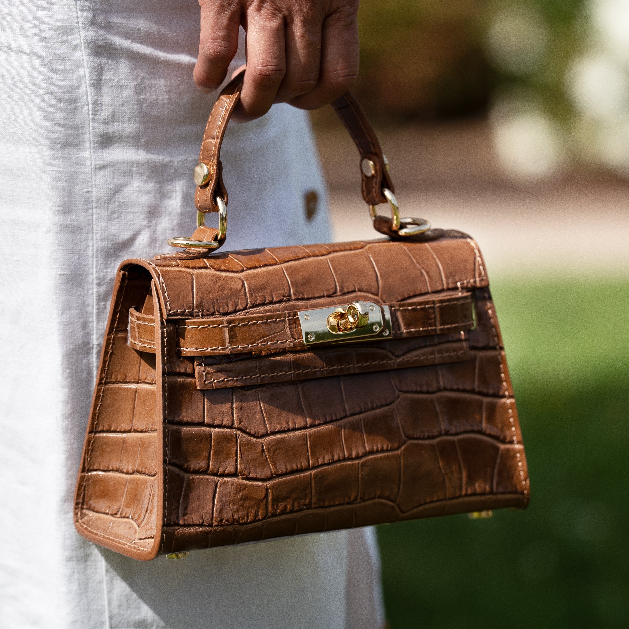 Sac top handle en cuir effet croco camel - Rose