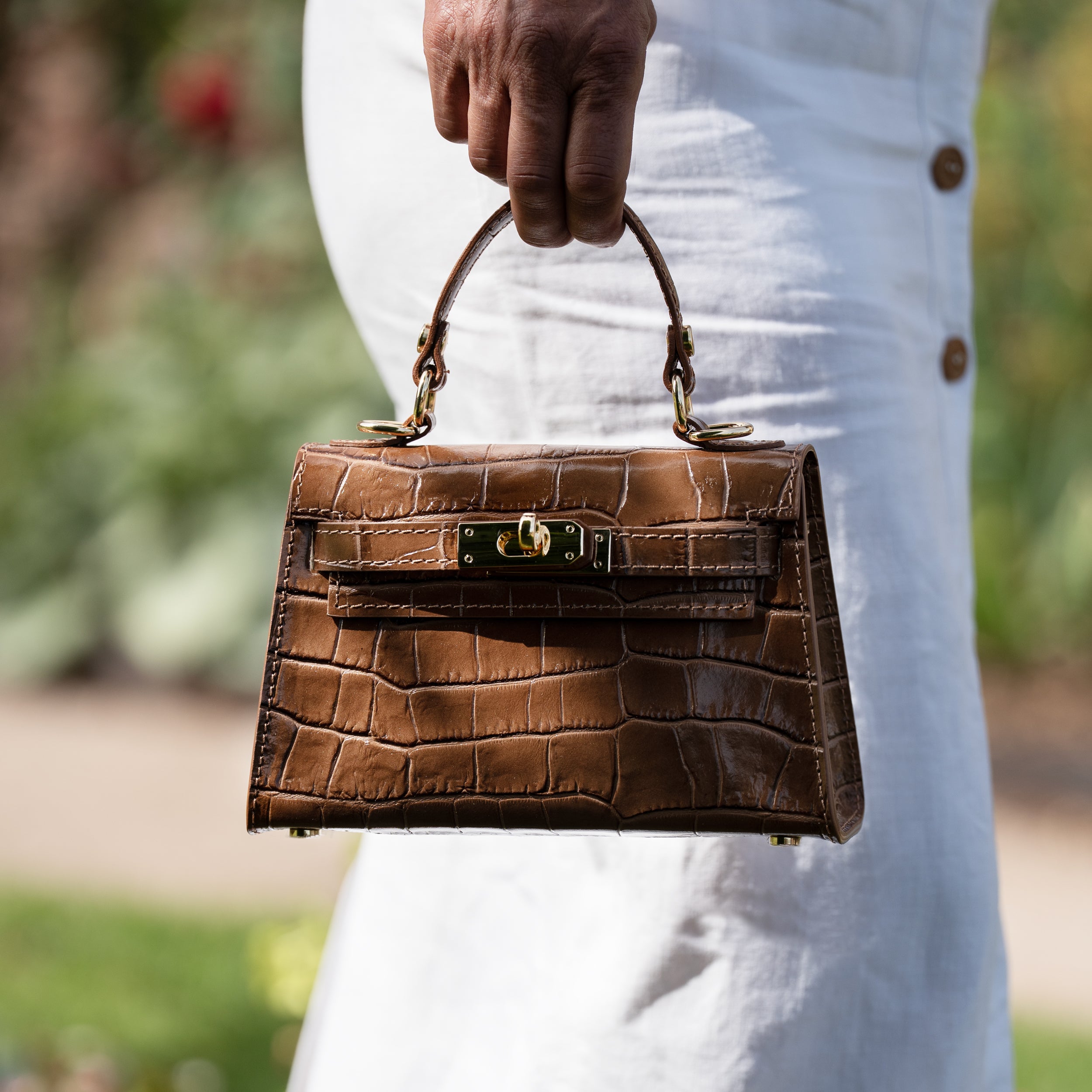 Sac top handle en cuir effet croco camel - Rose