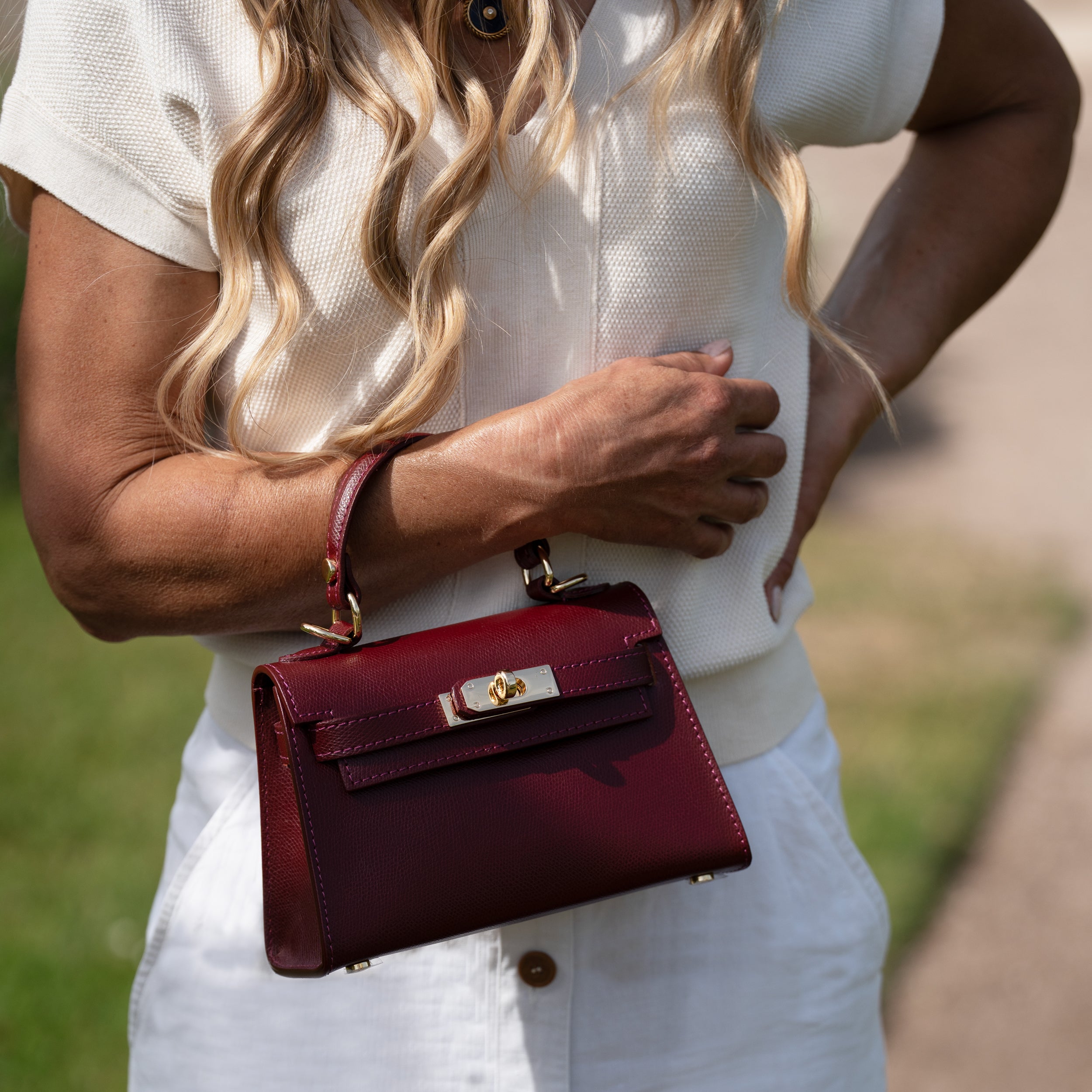 Sac top handle en cuir saffiano bordeaux - Rose