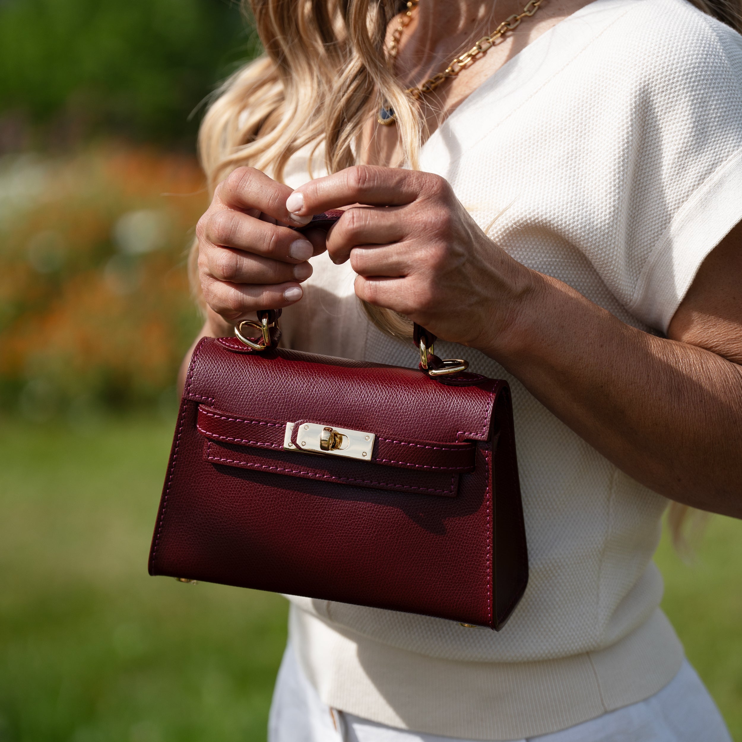 Sac top handle en cuir saffiano bordeaux - Rose